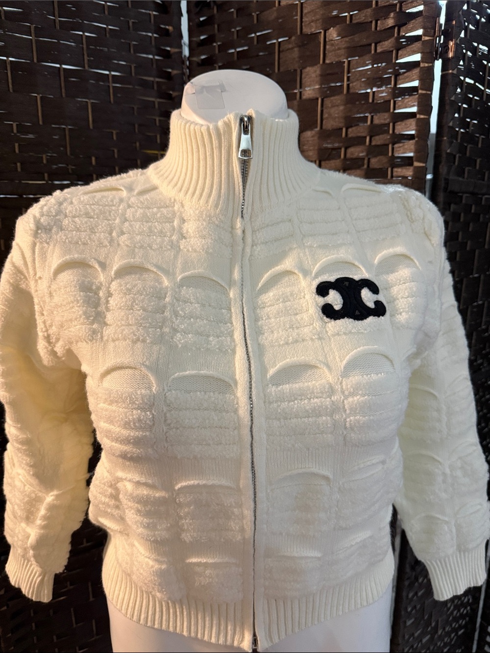 Cel Cream Cropped Textured Zip-Up Teddy Jacket with Black Logo